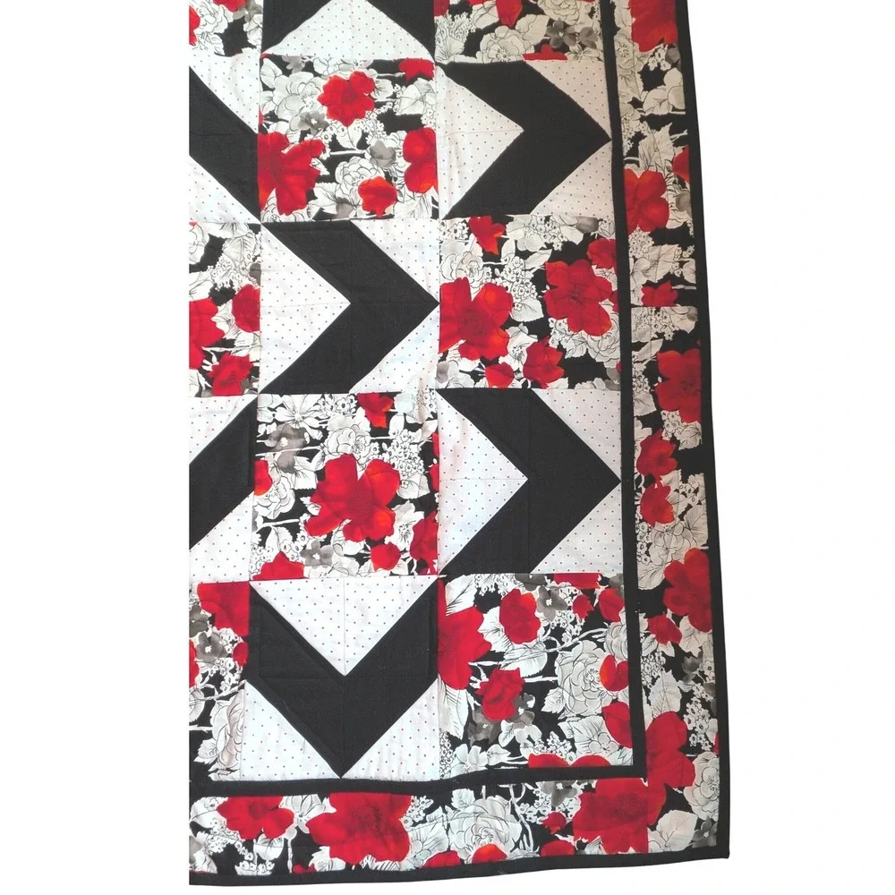 Handmade Baby Quilt Red Black White Floral Geometric Star Patchwork 40x40 Square